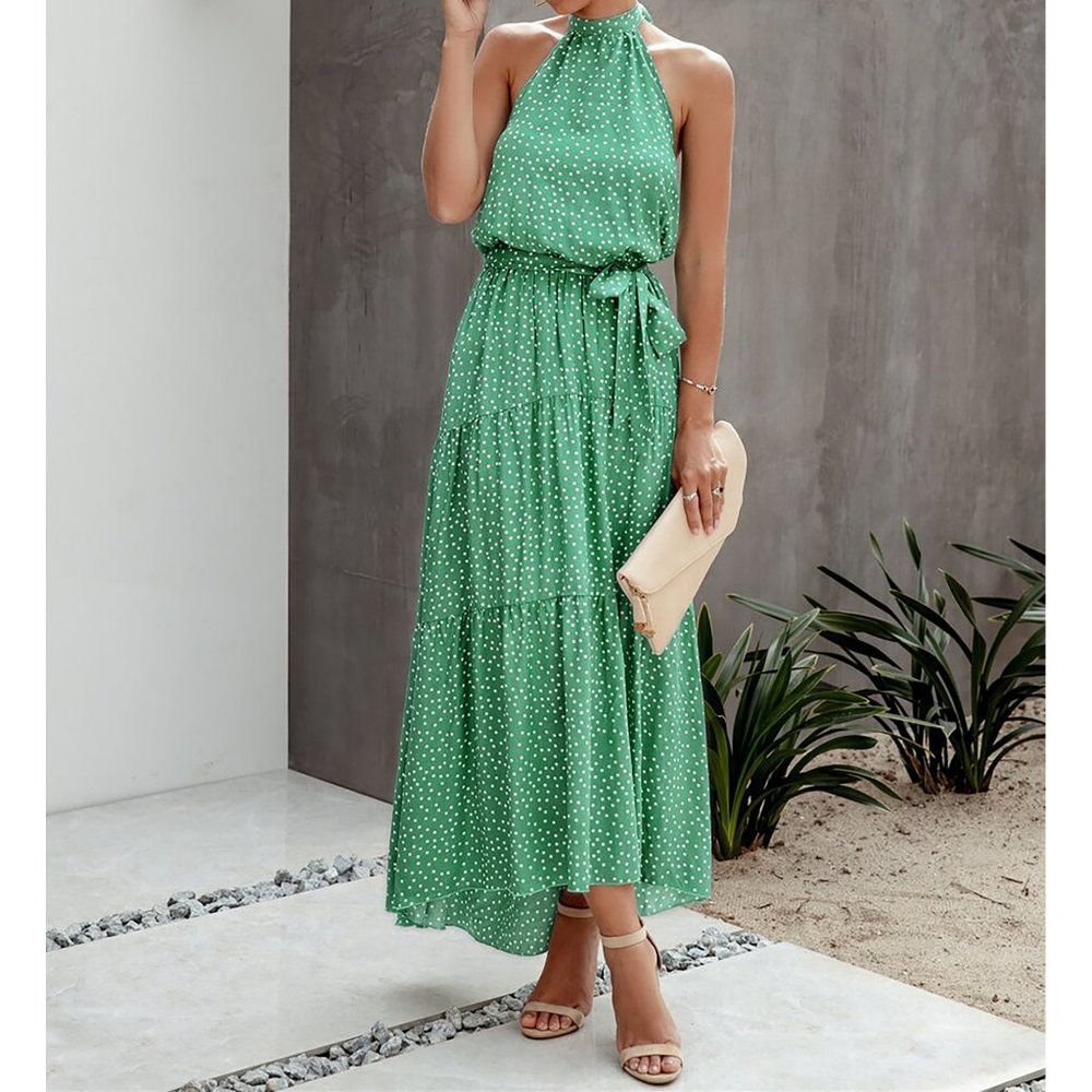 Green Polka Dot Halter Flounce Maxi Dress - Picture 7 of 8
